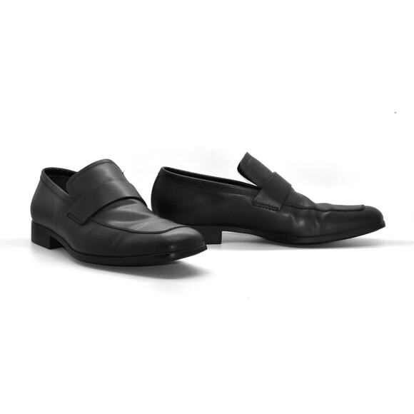 E0 Auth GUCCI Black Smooth Leather Square Toe Logo Strap Loafer Shoes Size 8.5 D